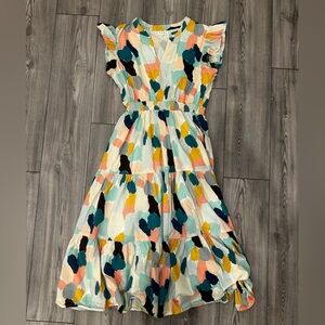 THML Multicolor Abstract Print Dress — Teal, Mustard & Black